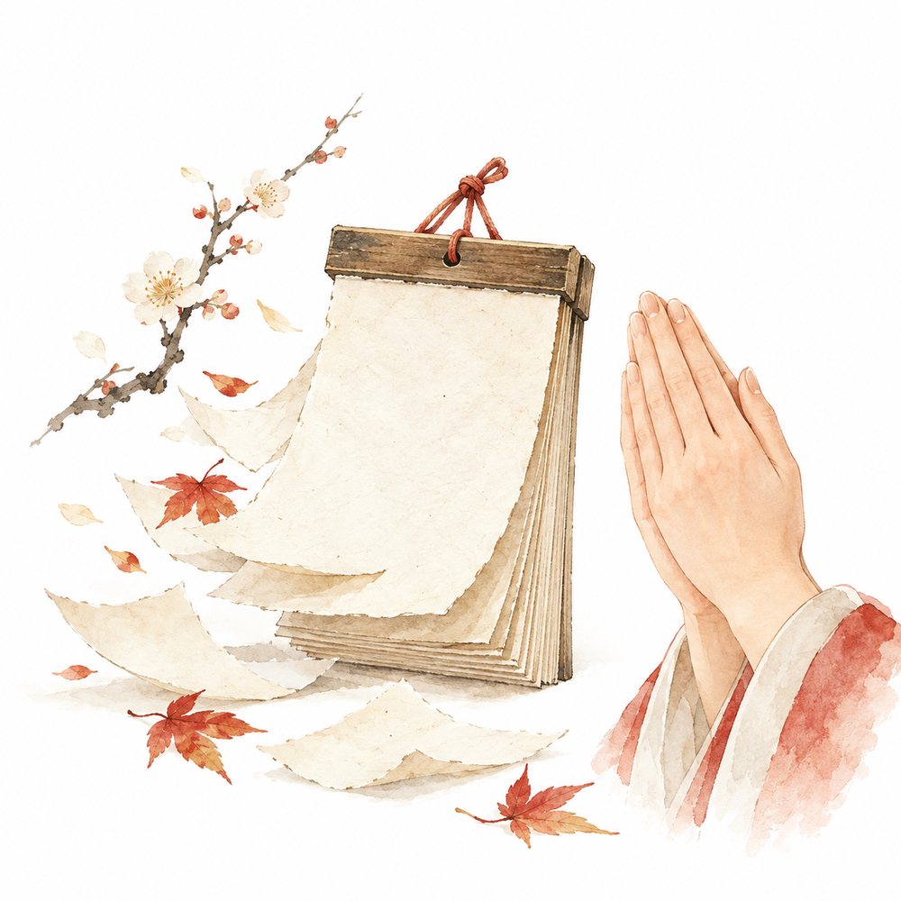 一年をふり返り感謝する手元のイラスト
