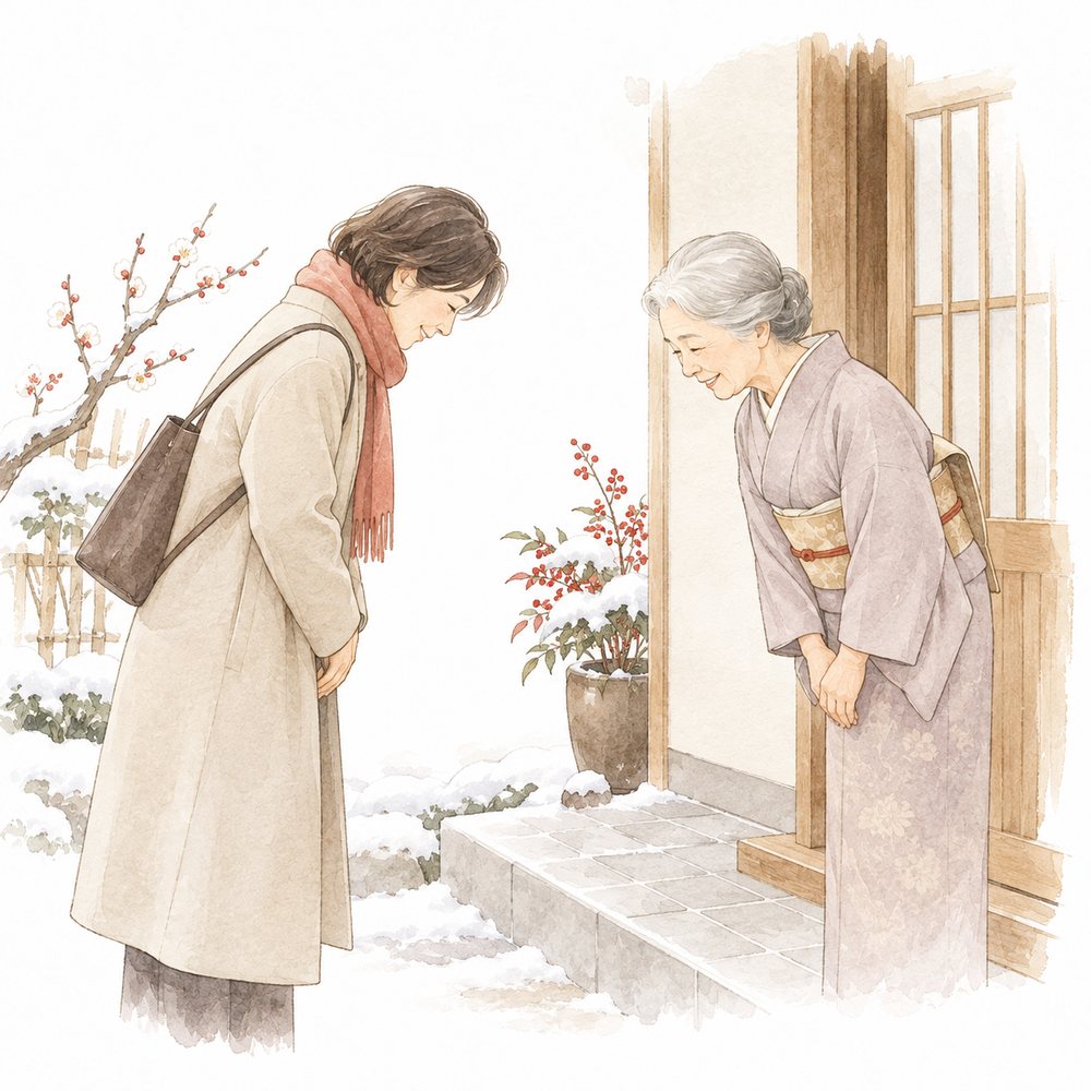 着物姿の二人が会釈を交わすイラスト