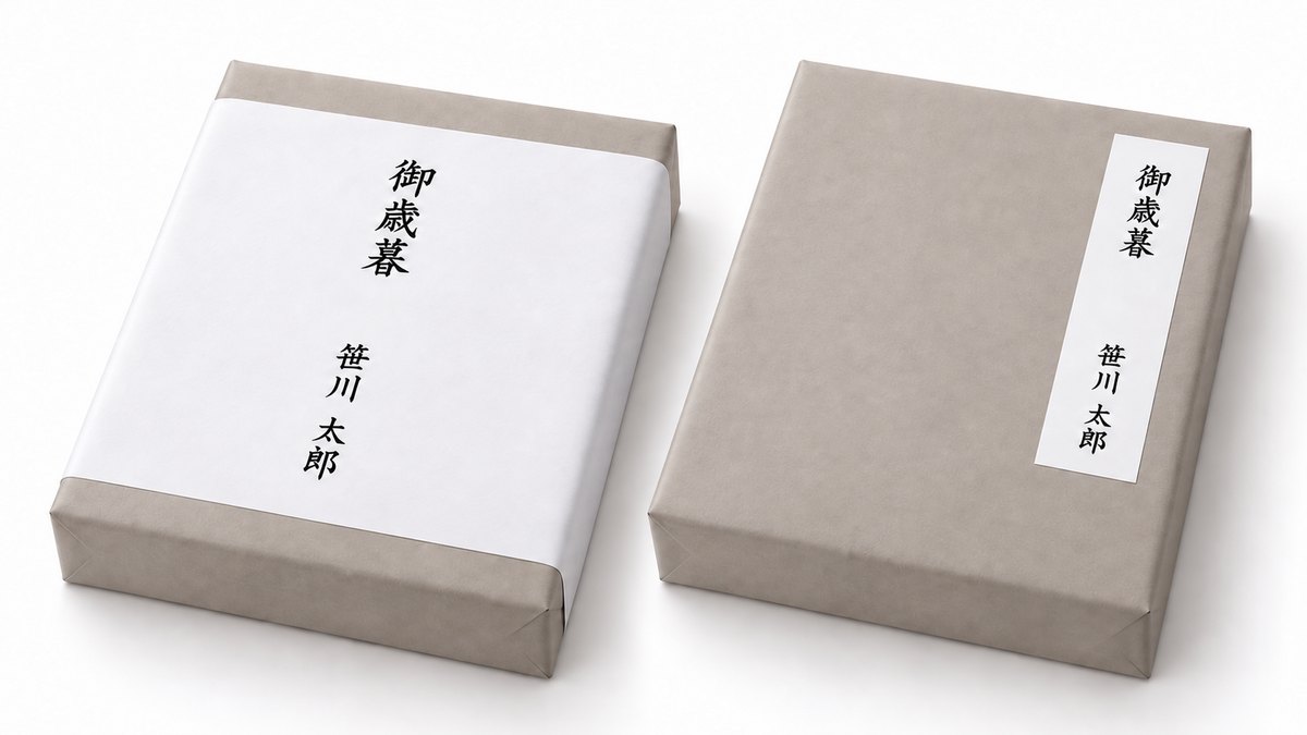 喪中の場合の例。左は水引・熨斗のない無地の掛紙を掛けた箱、右は無地の短冊を右上に貼った箱。どちらも「御歳暮」と贈り主名を記載