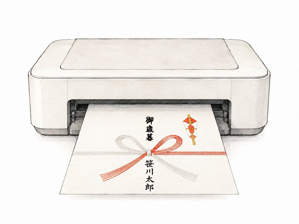プリンターから「笹川太郎」と名前が印刷されたのし紙が出てくるイラスト